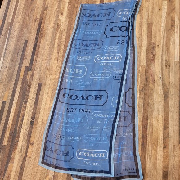 Coach Logo Blue Semi Sheer Chiffon Scarf - Picture 3 of 6